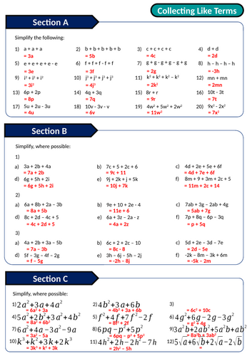 Collecting Like Terms Worksheet