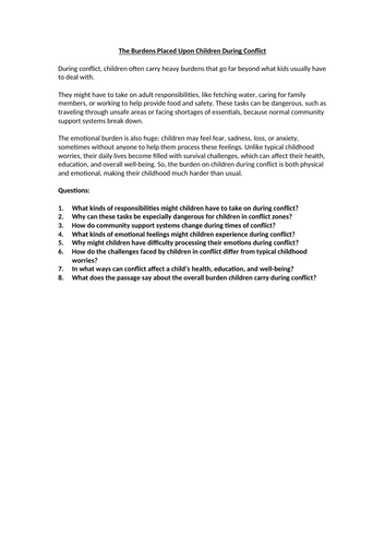 Burdens Placed Upon Children During Conflict Worksheet