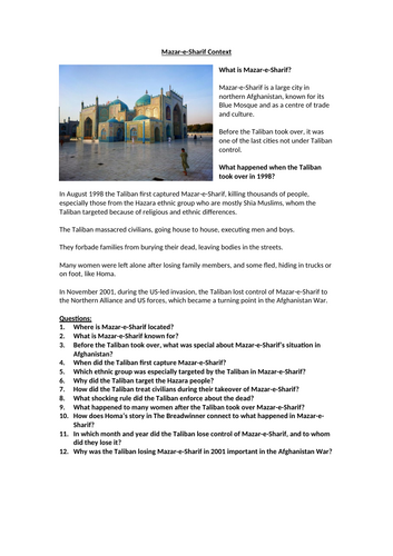The Breadwinner - Mazar-e-Sharif Context worksheet