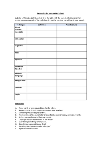 Persuasive Techniques Worksheet - Malala UN Speech