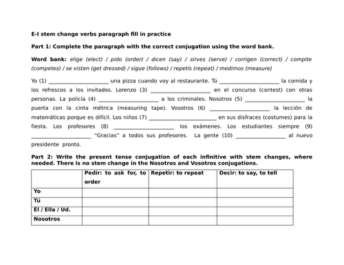E-I stem change verbs paragraph fill in practice