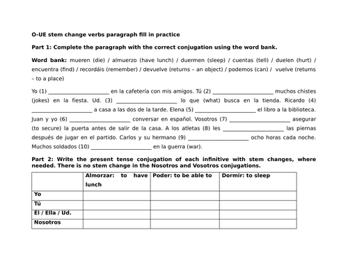 O-UE stem change verbs paragraph fill in practice