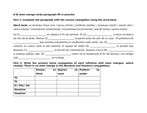 E-IE stem change verbs paragraph fill in practice