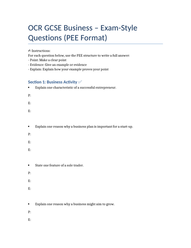 OCR GCSE Business Paper 1  (PEE) Style Questions and Answers