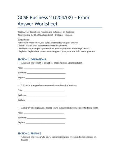 OCR GCSE Business Paper 2 (PEE) Style Questions and Answers