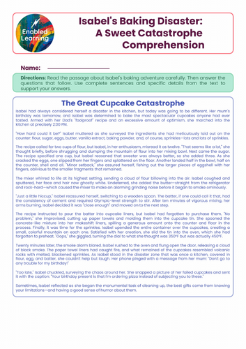 English Comprehension and Writing Task - Baking Theme
