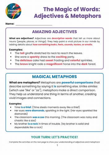 Adjectives and Metaphor Practice Worksheet