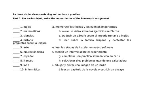 La tarea de las clases matching and sentence practice