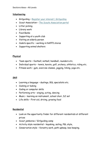 DofE sections ideas