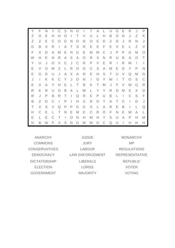Politics Introduction - Wordsearch