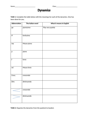 Dynamics worksheet - KS3 Music homework