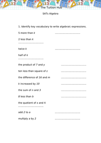 SATs Maths forming Algebraic Expressions Questions with Answers