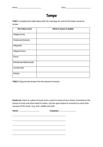Tempo worksheet