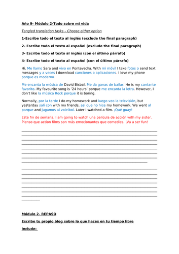 Viva 2 M2 Writing task and tangled translation- differentiated