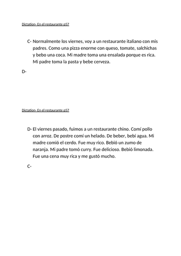 2 x differentiated Back to back dictation tasks- Viva 2 M3- La comida
