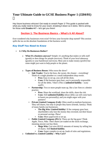 OCR GCSE Business Paper1 Revision Guide Student Friendly