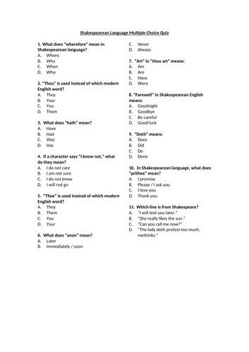 Shakespearean Language Multiple Choice Quiz