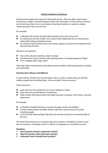 Context: Monsters in Literature Worksheet