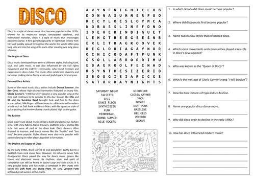 Disco Music Worksheet (Cover Lesson)