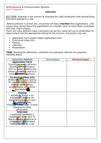 Selection GCSE Lesson