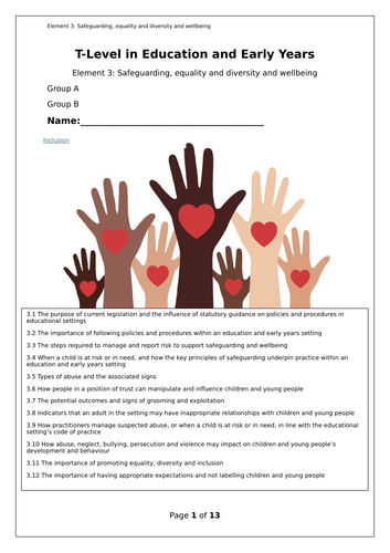 T-Level Education Element 3 Safeguarding Equality and Diversity and Wellbeing Workbook Revision