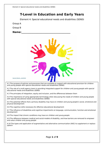 T-Level Education Element 4 Special Educational Needs and Disabilities SEND Workbook Revision