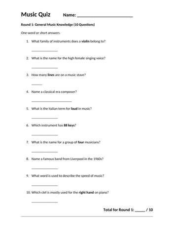 Fun Music Quiz (with answers)