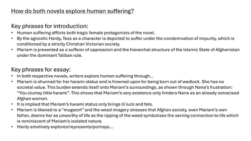 How is human suffering explored in 'A Thousand Splendid Suns' & 'Tess of the D'Urbervilles'?