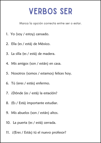 Verbo Ser y Estar Actividades - Verb To Be Grammar Worksheets in Spanish