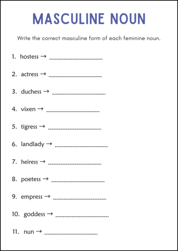 Masculine and Feminine Gender of Nouns Grammar Worksheets for Grade 1, 2, 3