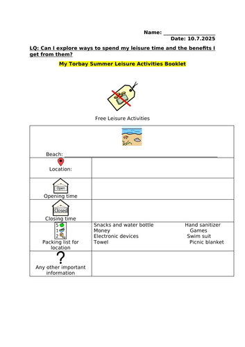 Life skills: Free and Paid Activities in my local area research booklet