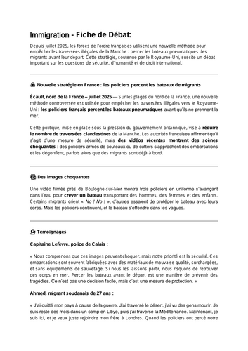 Immigration - Fiche de débat AL French