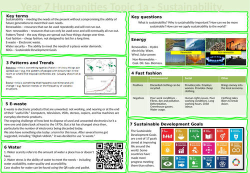 Geography. Sustainability knowledge organiser - editable