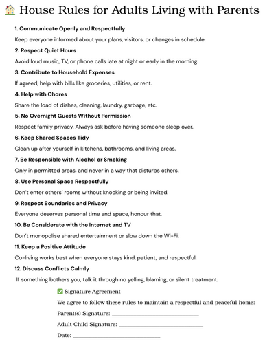 printable list of house rules for adults living with parents