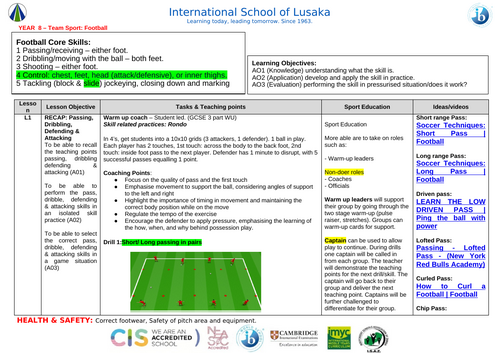 Football Schemes of Work (Years 7–9 - KS3): Assessment Rubrics Included
