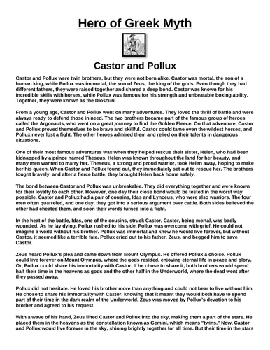 Greek Hero: Castor and Pollux “Article & Questions” Assignment