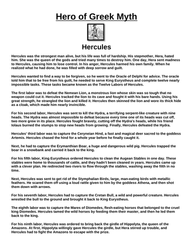Greek Hero: Hercules “Article & Questions” Assignment