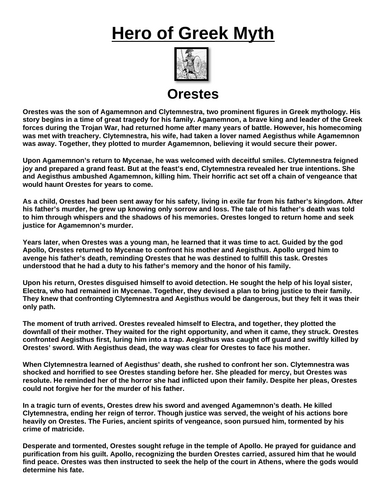 Greek Hero: Orestes “Article & Questions” Assignment