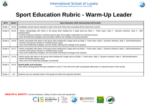 Sport Education Rubric - Warm Up Leader