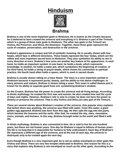 Hinduism: Brahma “Article & Questions” Assignment