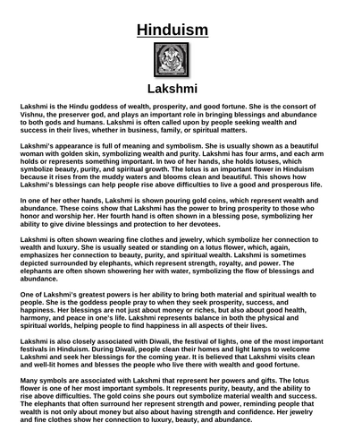 Hinduism: Lakshmi “Article & Questions” Assignment