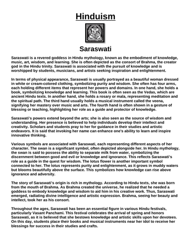 Hinduism: Saraswati “Article & Questions” Assignment