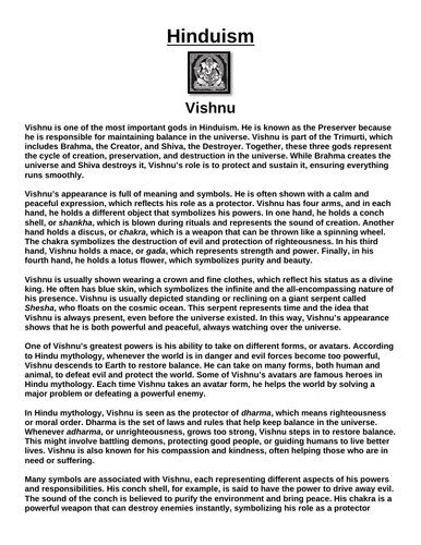 Hinduism: Vishnu “Article & Questions” Assignment