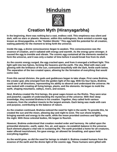 Hinduism Story: Creation (Hiranyagarbha) “Article & Questions” Assignment