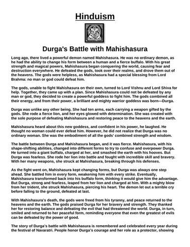 Hinduism Story: Durga's Battle with Mahishasura “Article & Questions” Assignment