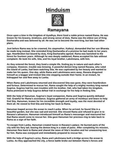 Hinduism Story: Ramayana “Article & Questions” Assignment