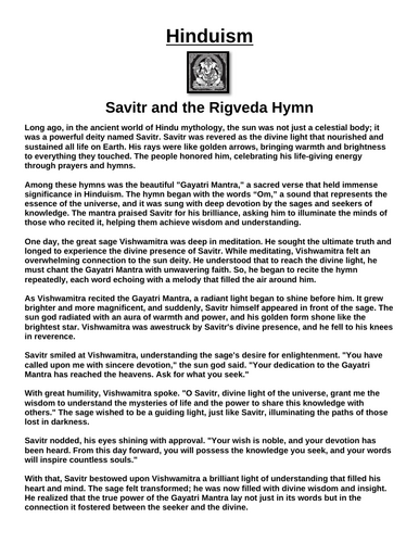 Hinduism Story: Savitr and the Rigveda Hymn “Article & Questions” Assignment