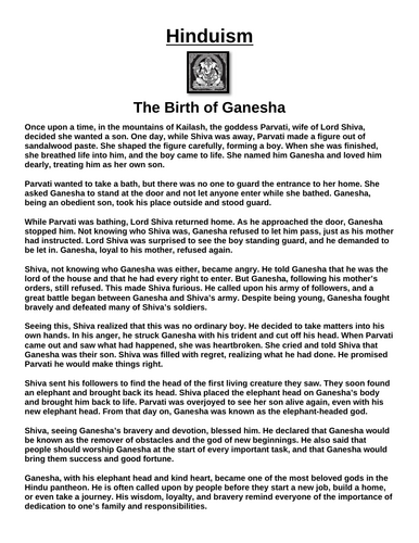 Hinduism Story: The Birth of Ganesha “Article & Questions” Assignment