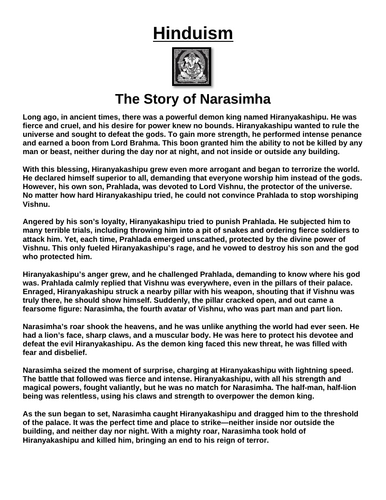 Hinduism Story: The Story of Narasimha “Article & Questions” Assignment
