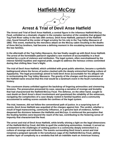 Hatfields and McCoys: Arrest & Trial of Devil Anse Hatfield “Article & Questions” Assignment
